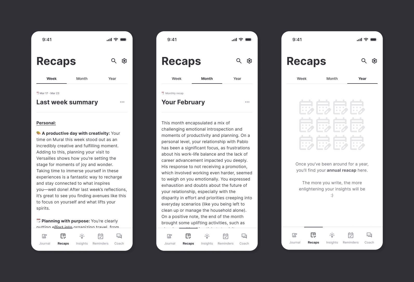Pausa weekly, monthly and yearly recaps in dark mode